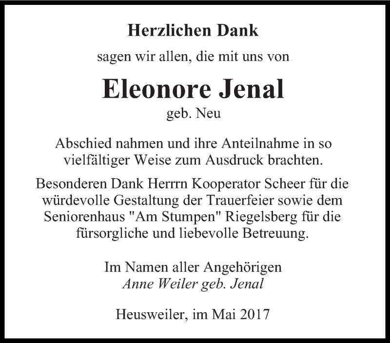  Traueranzeige für Eleonore Jenal vom 20.05.2017 aus saarbruecker_zeitung
