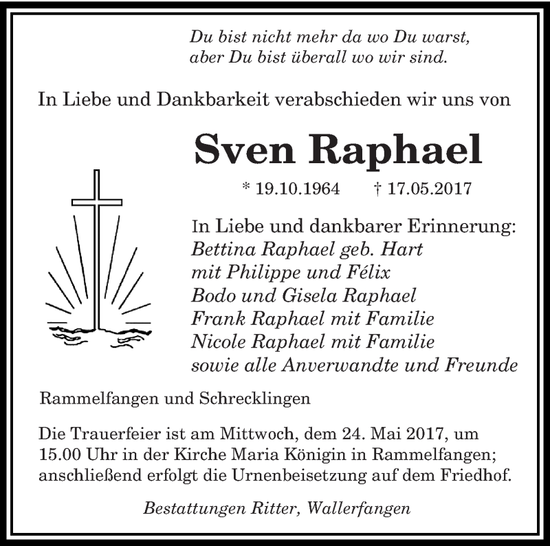  Traueranzeige für Sven Raphael vom 22.05.2017 aus saarbruecker_zeitung