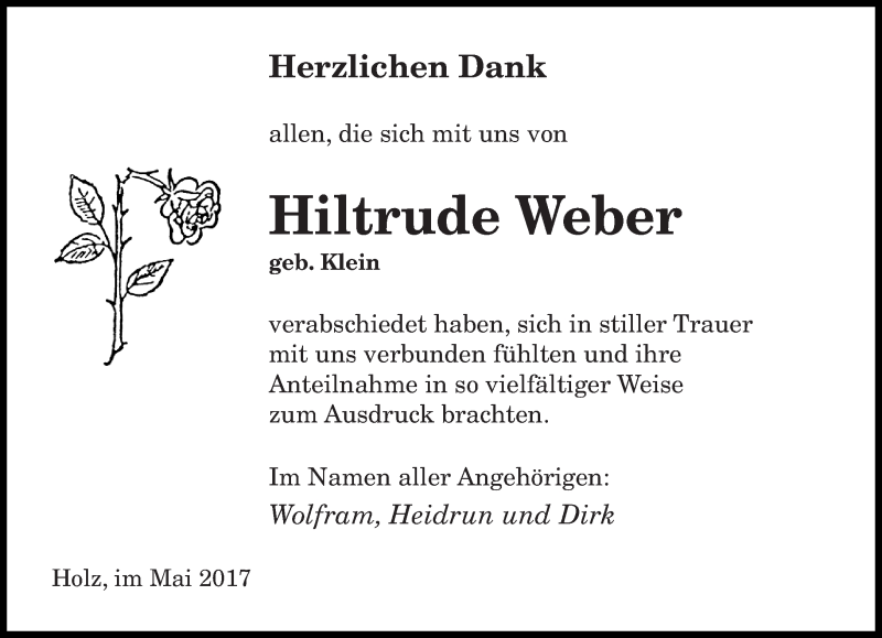  Traueranzeige für Hiltrude Weber vom 06.05.2017 aus saarbruecker_zeitung