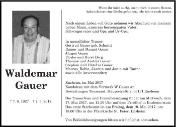 Traueranzeige von Waldemar Gauer von saarbruecker_zeitung