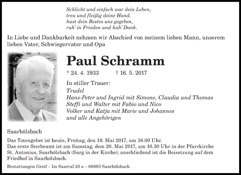  Traueranzeige für Paul Schramm vom 19.05.2017 aus saarbruecker_zeitung