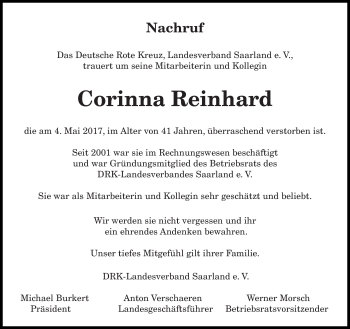 Traueranzeige von Corinna Reinhard von saarbruecker_zeitung