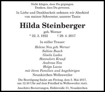 Traueranzeige von Hilda Steinberger von saarbruecker_zeitung