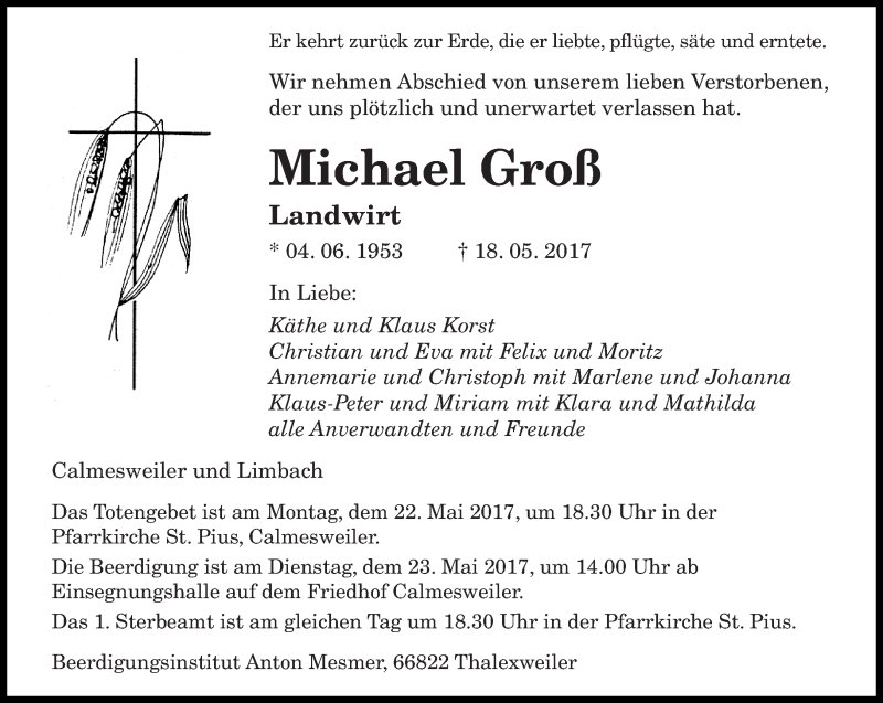  Traueranzeige für Michael Groß vom 20.05.2017 aus saarbruecker_zeitung