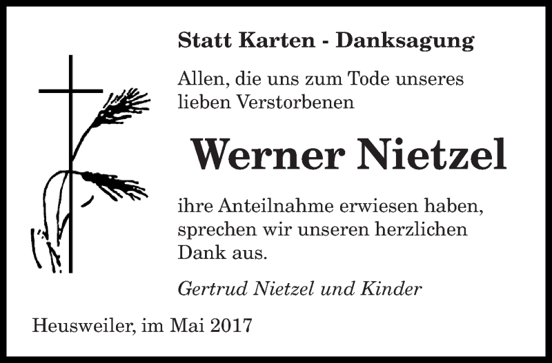  Traueranzeige für Werner Nietzel vom 13.05.2017 aus saarbruecker_zeitung