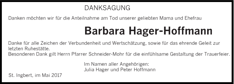  Traueranzeige für Barbara Hager-Hoffmann vom 06.05.2017 aus saarbruecker_zeitung