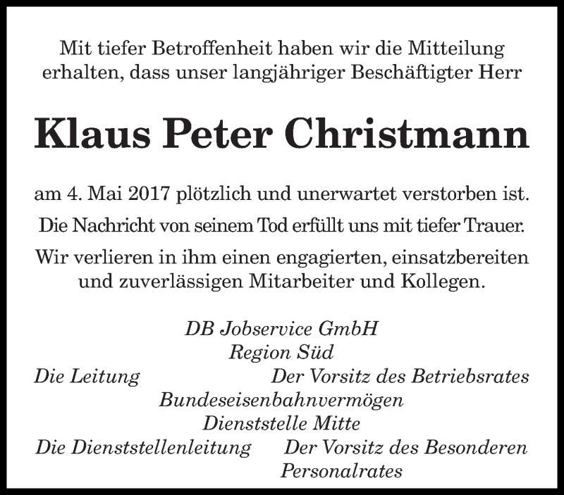  Traueranzeige für Klaus Peter Christmann vom 10.05.2017 aus saarbruecker_zeitung