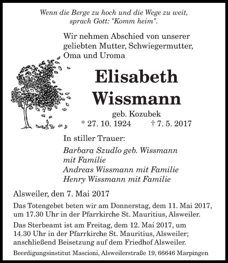  Traueranzeige für Elisabeth Wissmann vom 09.05.2017 aus saarbruecker_zeitung