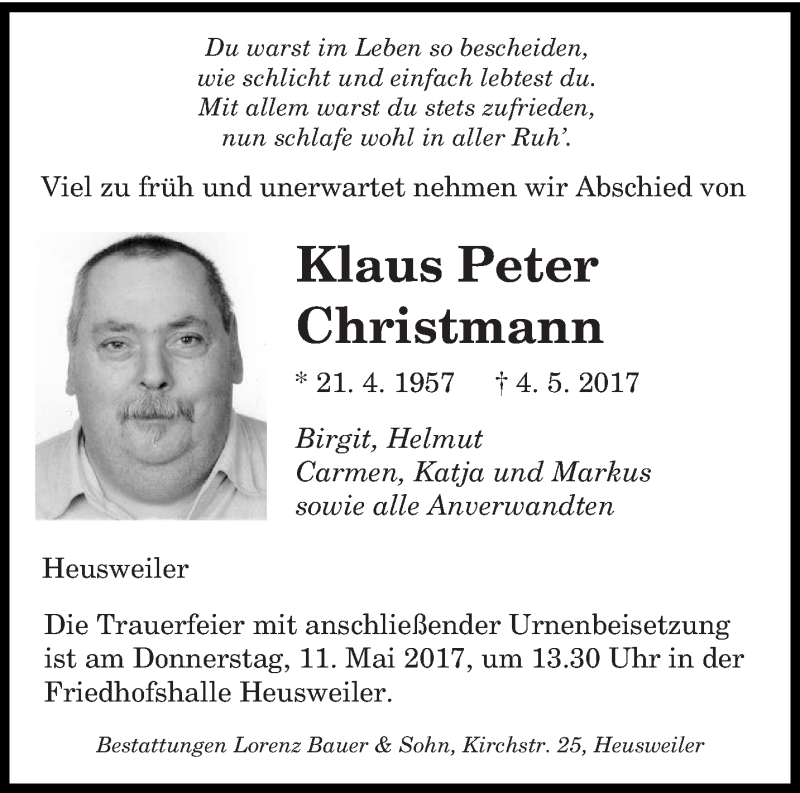  Traueranzeige für Klaus Peter Christmann vom 08.05.2017 aus saarbruecker_zeitung