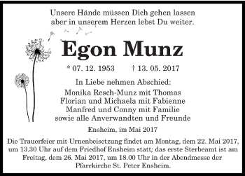 Traueranzeige von Egon Munz von saarbruecker_zeitung