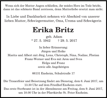 Traueranzeige von Erika Britz von saarbruecker_zeitung