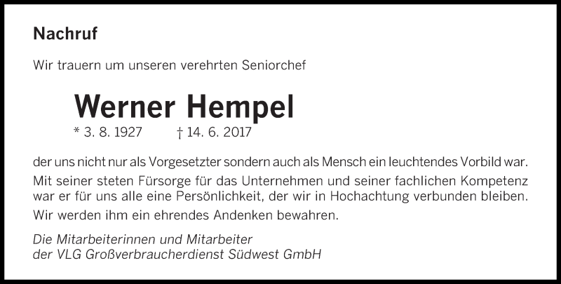  Traueranzeige für Werner Hempel vom 19.06.2017 aus saarbruecker_zeitung
