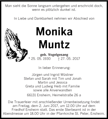 Traueranzeige von Monika Muntz von saarbruecker_zeitung