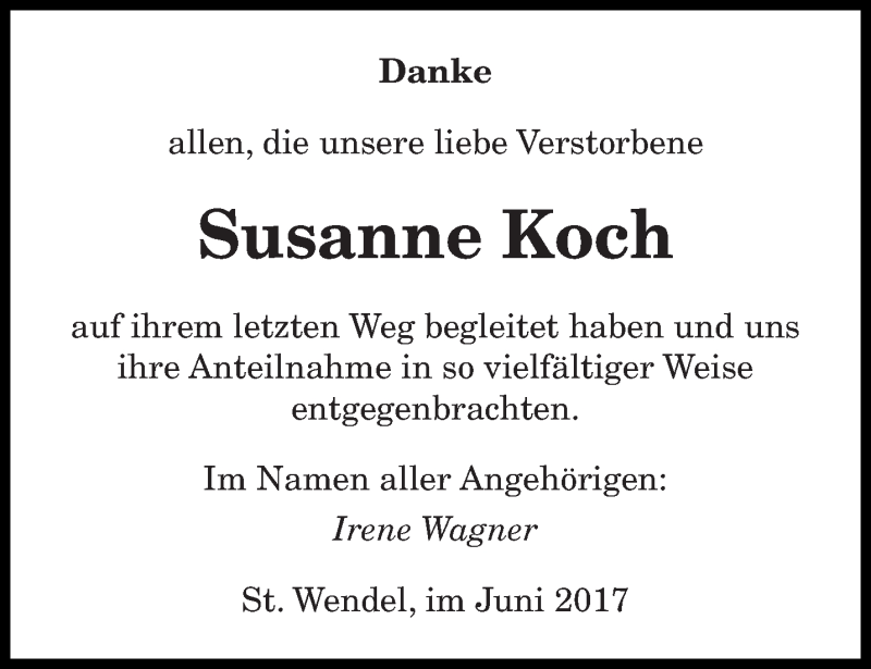  Traueranzeige für Susanne Koch vom 16.06.2017 aus saarbruecker_zeitung