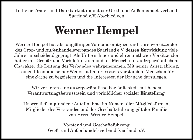  Traueranzeige für Werner Hempel vom 20.06.2017 aus saarbruecker_zeitung