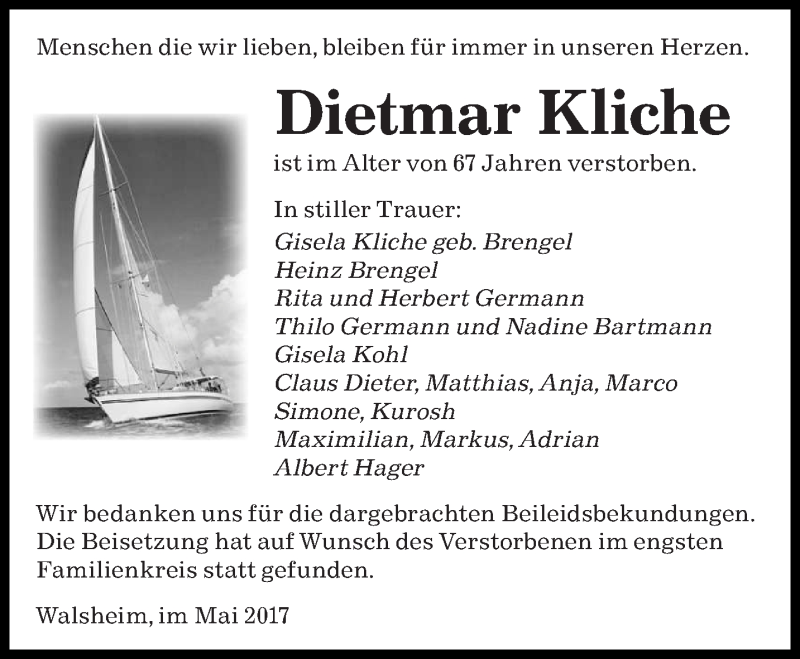  Traueranzeige für Dietmar Kliche vom 06.06.2017 aus saarbruecker_zeitung
