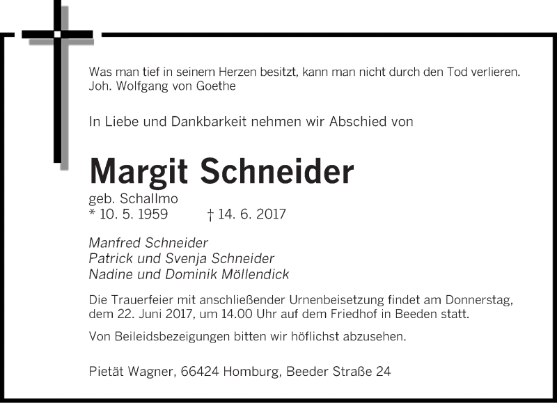  Traueranzeige für Margit Schneider vom 19.06.2017 aus saarbruecker_zeitung