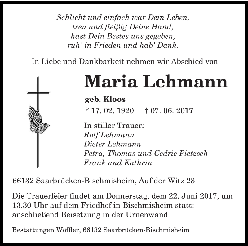  Traueranzeige für Maria Lehmann vom 17.06.2017 aus saarbruecker_zeitung
