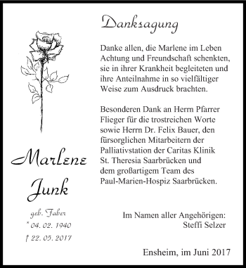 Traueranzeige von Marlene Junk von saarbruecker_zeitung