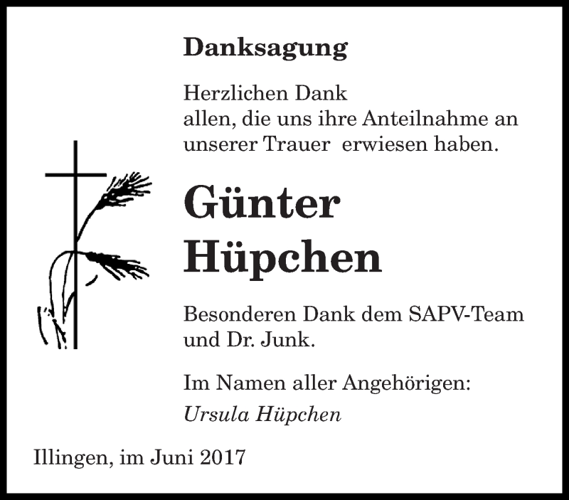  Traueranzeige für Günter Hüpchen vom 21.06.2017 aus saarbruecker_zeitung