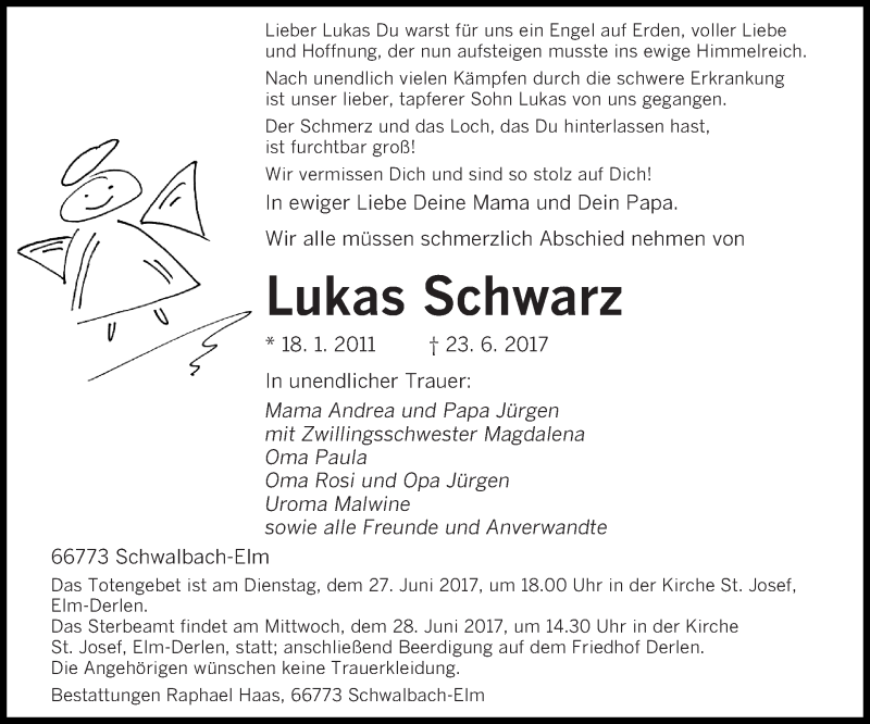  Traueranzeige für Lukas Schwarz vom 26.06.2017 aus saarbruecker_zeitung