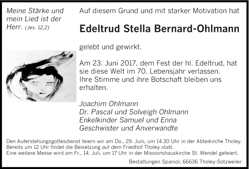  Traueranzeige für Edeltrud Stella Bernard-Ohlmann vom 27.06.2017 aus saarbruecker_zeitung