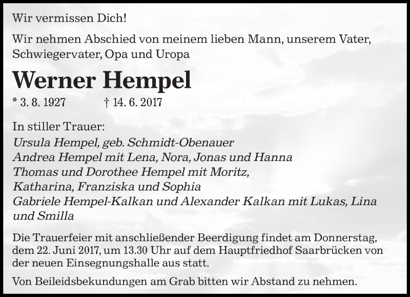  Traueranzeige für Werner Hempel vom 17.06.2017 aus saarbruecker_zeitung