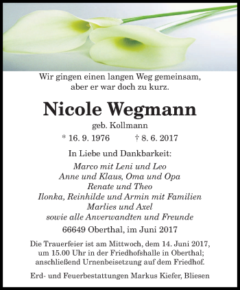 Traueranzeige von Nicole Wegmann von saarbruecker_zeitung