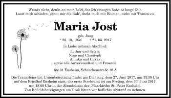 Traueranzeige von Maria Jost von saarbruecker_zeitung