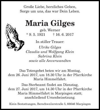 Traueranzeige von Maria Gilges von saarbruecker_zeitung