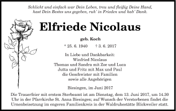 Traueranzeige von Elfriede Nicolaus von saarbruecker_zeitung