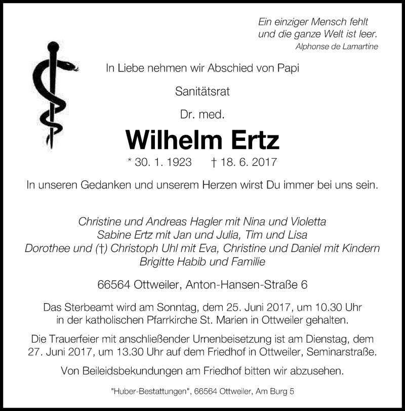  Traueranzeige für Wilhelm Ertz vom 24.06.2017 aus saarbruecker_zeitung