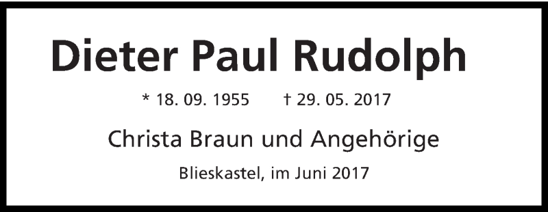  Traueranzeige für Dieter Paul Rudolph vom 16.06.2017 aus saarbruecker_zeitung