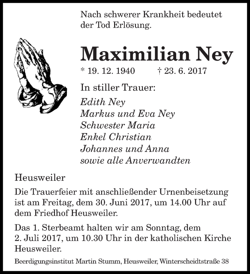  Traueranzeige für Maximilian Ney vom 28.06.2017 aus saarbruecker_zeitung