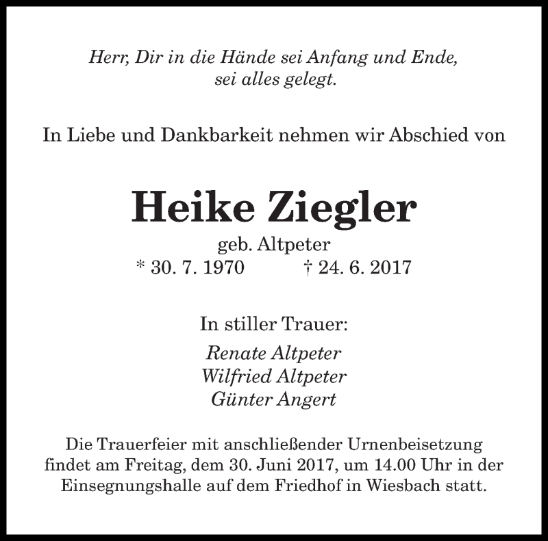  Traueranzeige für Heike Ziegler vom 28.06.2017 aus saarbruecker_zeitung
