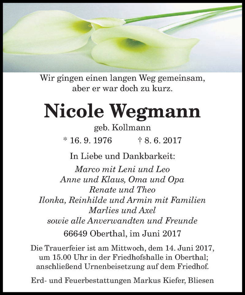  Traueranzeige für Nicole Wegmann vom 10.06.2017 aus saarbruecker_zeitung