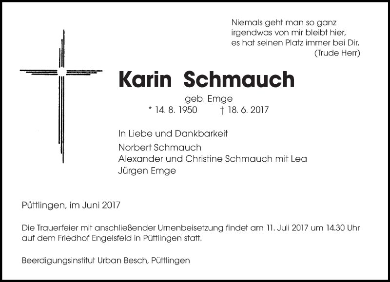  Traueranzeige für Karin Schmauch vom 24.06.2017 aus saarbruecker_zeitung