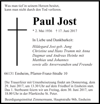 Traueranzeige von Paul Jost von saarbruecker_zeitung