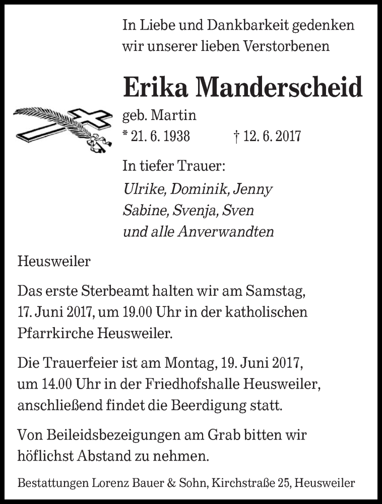  Traueranzeige für Erika Manderscheid vom 16.06.2017 aus saarbruecker_zeitung