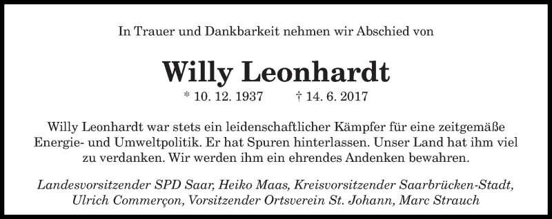  Traueranzeige für Willy Leonhardt vom 21.06.2017 aus saarbruecker_zeitung
