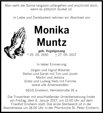 Traueranzeige von Monika Muntz von saarbruecker_zeitung