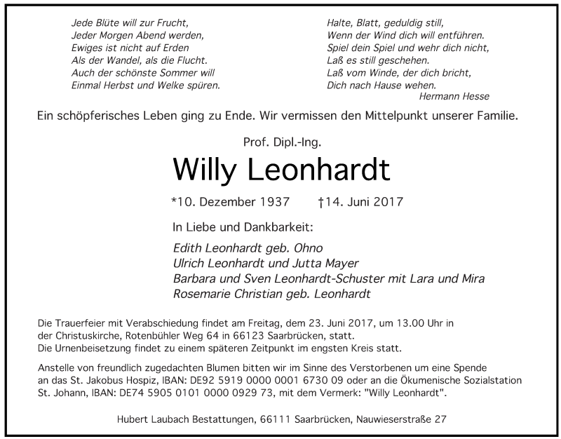 Traueranzeige für Willy Leonhardt vom 20.06.2017 aus saarbruecker_zeitung