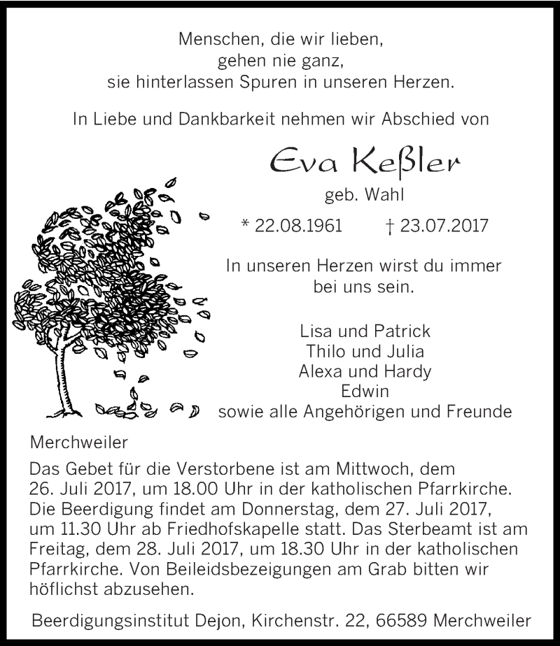  Traueranzeige für Eva Keßler vom 25.07.2017 aus saarbruecker_zeitung