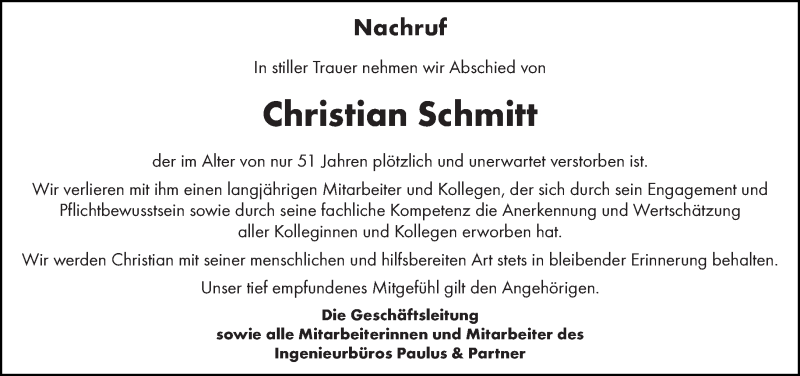  Traueranzeige für Christian Schmitt vom 30.06.2017 aus saarbruecker_zeitung