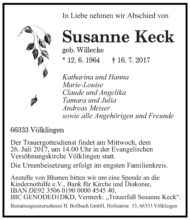  Traueranzeige für Susanne Keck vom 24.07.2017 aus saarbruecker_zeitung