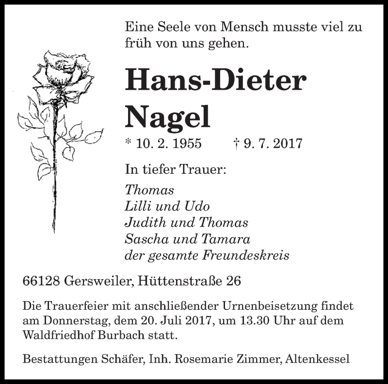  Traueranzeige für Hans-Dieter Nagel vom 15.07.2017 aus saarbruecker_zeitung