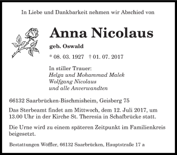 Traueranzeige von Anna Nicolaus von saarbruecker_zeitung