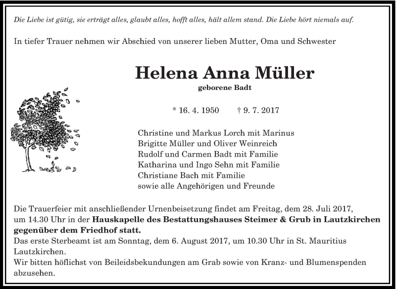  Traueranzeige für Helena Anna Müller vom 22.07.2017 aus saarbruecker_zeitung