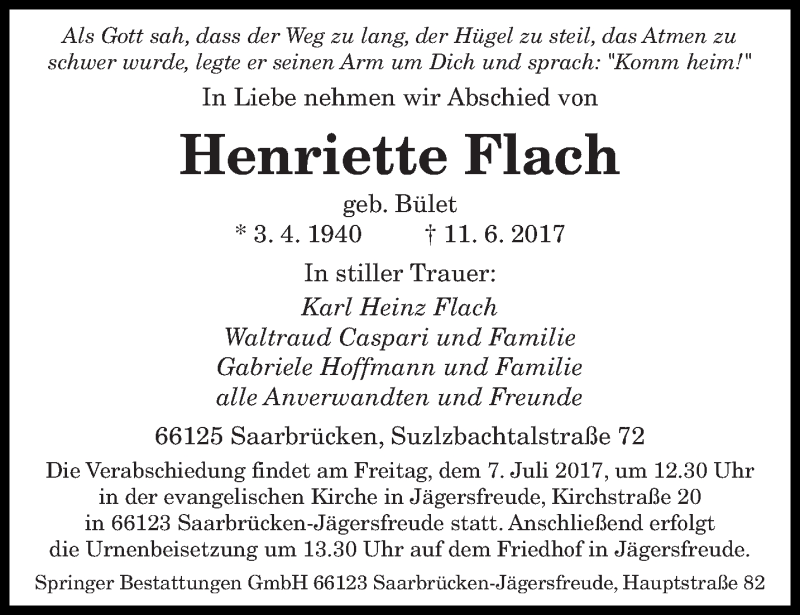  Traueranzeige für Henriette Flach vom 01.07.2017 aus saarbruecker_zeitung
