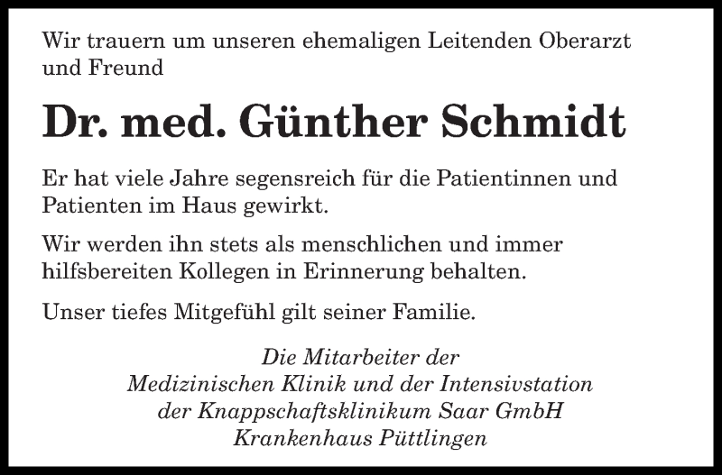  Traueranzeige für Günther Schmidt vom 26.07.2017 aus saarbruecker_zeitung